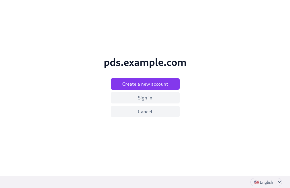 Web interface for "pds.example.com", with buttons "Create a new account", "Sign in", and "Cancel". There is a language-selection drop-down menu in the lower right corner.