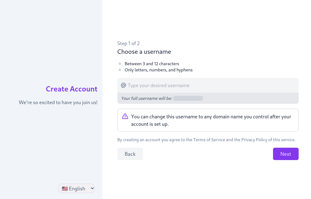 "Create Account" web interface, prompting user to "Choose a username" as "Step 1 of 2"