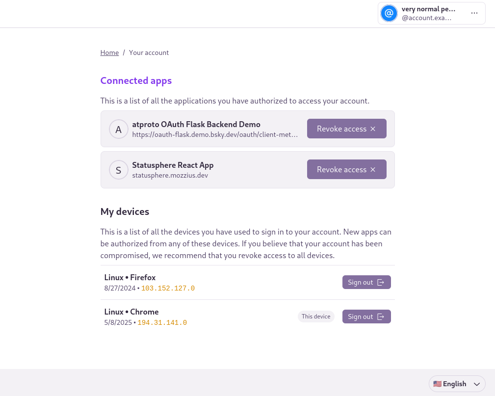 Web interface for "Your Account". Shows a list of "Connected apps" (Statusphere React App and OAuth Flask Backend Demo), with "Revoke access" buttons for each. Also has a list of "My Devices", showing "Linux - Firefox" and "Linux - Chrome", the latter indicated as "This device", both with "Sign Out" buttons.